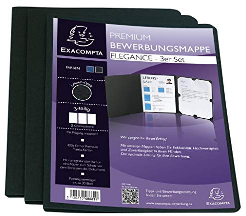 Exacompta 48661B 3er Pack Bewerbungsmappen ELEGANCE in Lienen Optik. Aus starkem Colorspan-Karton 3-teilig mit 1 Klemmschiene für DIN A4 schwarz