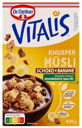 Dr. Oetker Vitalis Knuspermüsli Schoko-Banane: Knuspermüsli mit Vollmilchschokolade und Banane, 5er Packung, 5 x 450 g