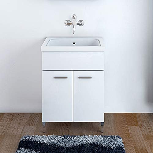 Inbagno Mobile Lavatoio, L.60xP.50xH.86.5, Bianco Lucido, Vasca in Ceramica, con Strofinatoio Integrato