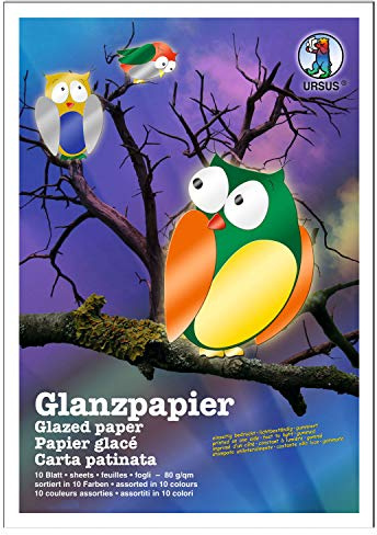 Ursus 1699399 - Glanzpapier gummiert, 50 Blatt in 10 verschiedenen Farben, ca. 23 x 33 cm, 80 g/qm, einseitig Bedruckt, für vielseitige und kreative Bastelarbeiten, bunt
