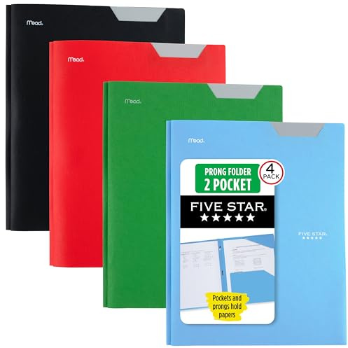Five Star 2-Pocket Folder, 4 Pack, Plastic Folder with Stay-Put Tabs and Prong Fasteners, Holds 8-1/2 x 11 Paper, Black, Fire Red, Forest Green, Pacific Blue (38048)