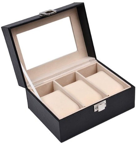 Sinoba Uhrenkoffer Uhrenbox Schaukasten Uhrenkasten Uhrenvitrine für 3 Uhren Leder-Look Echtglas-Fenster
