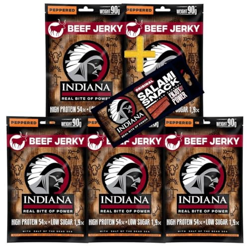 Indiana Beef Jerky Peppered, Geschenkbox High Protein Trockenfleisch, ohne Zuckerzusatz, Gluten-frei (Beef Peppered (5 x 90g)