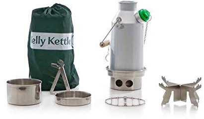 'Trekker' Kelly Kettle® - BASIC KIT (0.6 Liter Anodised Aluminium Kettle + Upgraded Steel Fire Base + Whistle + Steel Cook Set + Steel Pot Support) Camping Kettle and Wood Fueled Camp Stove in one | Ultra fast | Lightweight | No Batteries | No Gas | No Fuel costs | For Trekking, Hiking, Scouts, Picnics, etc. | Weight 0.84kg / 1.85lb