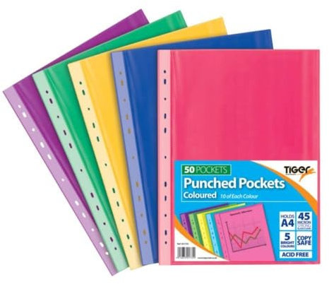 50 x A4 Coloured Plastic Wallets Clear Strong Punched Ring Binder File Pockets