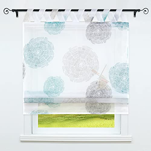 CORLIF Voile Raffrollo mit V-Schlaufen Gardinen Küche Raffgardinen Transparent Schlaufenrollo Vorhänge mit Jahresring-Druck Modern Blau BxH 60x140cm 1 Stück