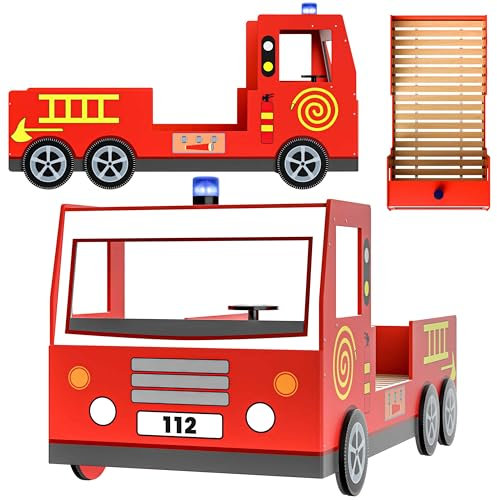 CASARIA® Kinderbett 90x200cm mit Rausfallschutz Lattenrost 120kg belastbar 3D Leuchte Sirene Lenkrad Feuerwehr Bett Jugendbett Juniorbett Autobett Rot