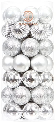 Sea Team 46-Pack Christmas Ball Ornaments with Strings, 30mm/1.18 Mini Size Baubles, Shatterproof Plastic Christmas Bulbs, Hanging Decorations for Xmas Tree, Holiday, Wedding, Party, Silver