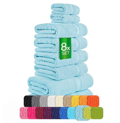 etérea Carli Frottee Handtücher Set - 100% Baumwolle - Oekotex 500 GSM - 8 TLG - 2X Duschtuch 70x140 + 4X Handtuch 50x100 +2X Gästehandtücher 30x50 - Bath Towel Frottiertücher - Hellblau
