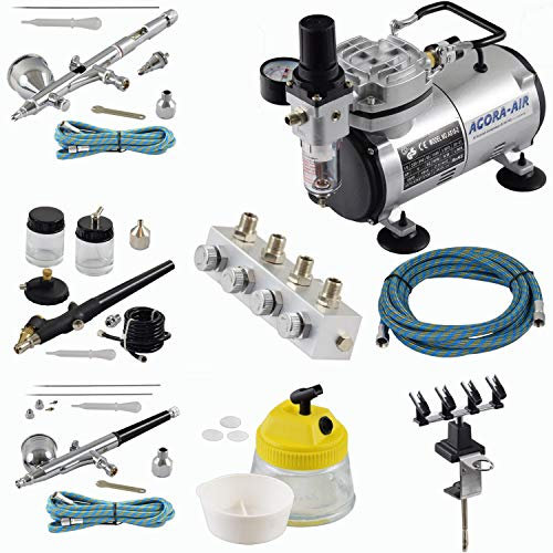 Agora-Tec® Airbrush Komplett-Set EXPERT XVII.13, inkl. Kompressor mit 4 bar und 20l/min + 3 Airbrushpistolen mit 0,2 & 0,3 & 0,5 & 0,8mm Nadeln/Düsen + regelbaren 4-fach Luftdruckverteiler + 4-fach-Halter + Clean-Pot + 3 Schläuche + Adapter