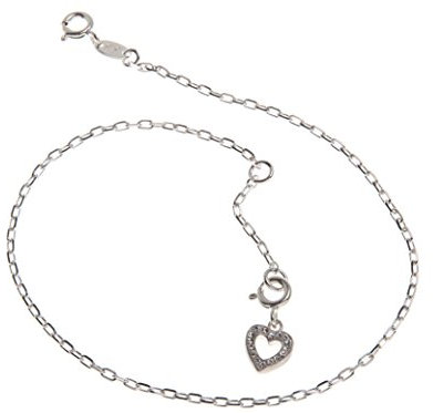Silberketten Store Fußkette Silber (Ankerkette) mit Anhänger Herz weiß - 1,7mm Breite, Länge 25cm - echt 925 Silber