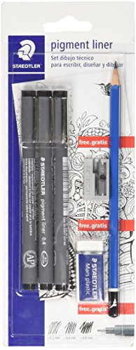 STAEDTLER 308 SBK3P2 Technisches Zeichen-Set: 3 Fasermaler Pigment Liner, Bleistift, Radiergummi und Anspitzer.