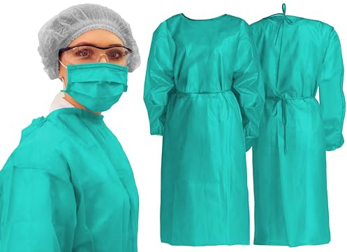 Tiga-Med Vlieskittel Einweg 30g/m² – extra stabiler Besucherkittel 120x140 cm – Hygienekittel mit Bündchen & Bindegürtel – MRSA Schutzkittel, atmungsaktiv, grün, Unisex