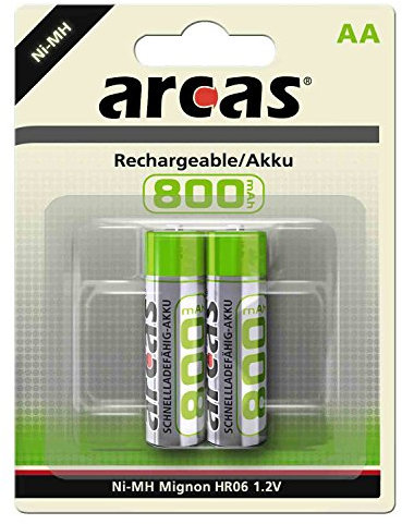 Arcas 17708206 - Akku Ni-MH Batterien AA / HR6, 2 Stück, Kapazität 800 mAh, wiederaufladbar, leistungsstarke Einwegbatterien für elektronische Geräte zur optimalen Energieversorgung