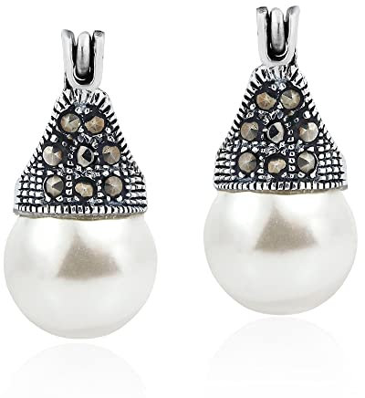 AeraVida Vintage Flair Markasit Stil Pyrit und Süßwasser-Zuchtperle .925 Sterling Silber 10 mm Ohrringe, Perle, Schwefelkies