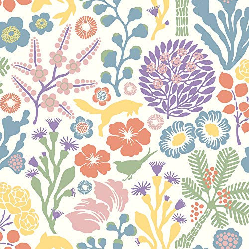 Hanna Werning Wonderland 1473 Vliestapete Waldtiere mit Blüten, Korallen und Tiere in grün, blau und rot gelb auf weiß