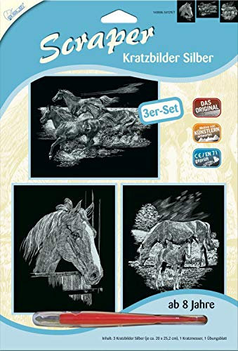 MAMMUT 140006 - Kratzbilder, Motive Pferde, silber, glänzend, Komplettset mit 3 Kratzbildern&Kratzmesser&Übungsblatt, Scraper, Scratch, Kritzel, Kratzset für Kinder ab 8 Jahre