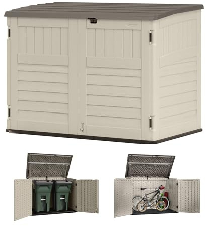 Suncast 70 Cu Ft Horizontal Resin Storage Shed - Outdoor Storage Shed with Floor Included, Lockable, Weatherproof, Fits Large Trash Cans, Bikes, Lawn Mowers, Generators, & Garden Tools, Vanilla Stoney