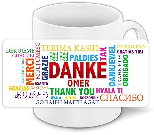 Danke-Tasse mit Namen Ömer und schönem Motiv in vielen Sprachen