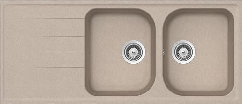 SCHOCK | Lavello Cucina Lithos D200 2 Vasche con Gocciolatoio, Vasca Reversibile, Materiale Cristalite®, Color Avena, 1160x500mm