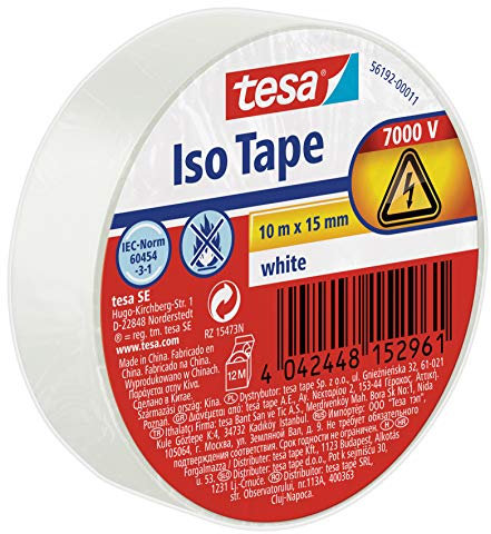 tesa Isolierband - Selbstklebendes Isolierband, hitzebeständig - Zum Isolieren, Reparieren und Bündeln - 10 m - Weiß