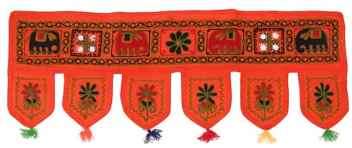 GURU SHOP Indischer Wandbehang, Wimpel mit Pailletten, Elefant orange | 100 % Baumwolle, reich bestickt mit Perlen, einzigartig, farbenfrohe Dekoration, ideal für Eingangsbereiche