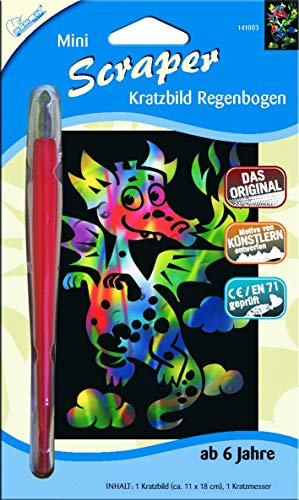 MAMMUT 141003 - Kratzbild Motiv Drache, regenbogenfarbend, Mini Komplettset mit Kratzmesser und Übungsblatt, Scraper, Scratch, Kritzel, Kratzset für Kinder ab 6 Jahre