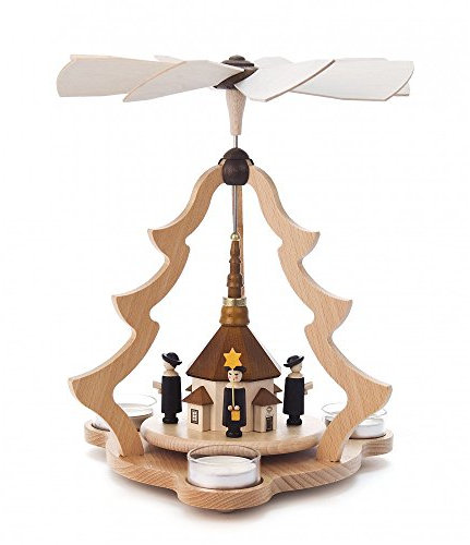 DREGENO Seiffen Pyramide mit Seiffener Kirche, Holz, Natur, 21 x 21 x 25.5 cm