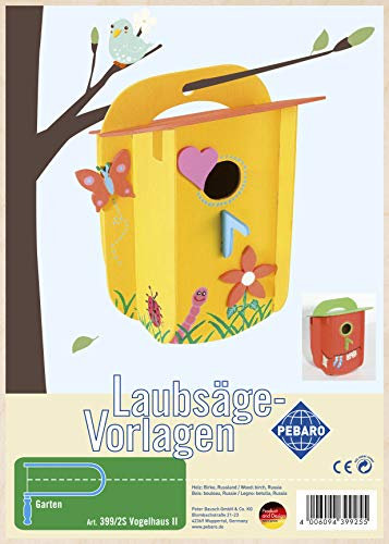 Pebaro 399/2S Laubsägevorlage Vogelhaus II, 3mm Sperrholz DIN A 4, Motiv vorgedruckt, aussägen mit Laubsägebogen, basteln, anmalen, fertig, Laubsägen, Holz, Geschenkidee, Nistkasten, Garten