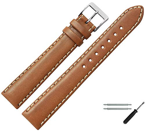 MARBURGER Uhrenarmband 22mm Leder Braun Silber XL Glatt Mit Naht - Montage Set 8022232000120