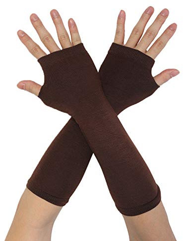 sourcing map Damen Winter Regenbogen Streifen Fingerless Ellenbogen Lange Strickhandschuhe Braun 36.5 x 8.5cm