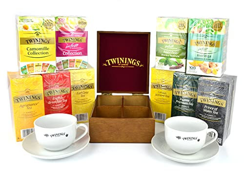350 bolsas de té mezcladas + tazas de té + caja de madera