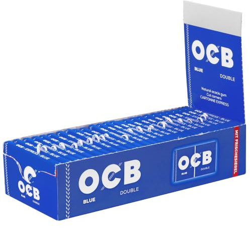 OCB Blau Gummizug Drehpapier, 100 Blättchen 36 x 69 mm | Drehpapier aus pflanzlichen Naturfasern, geschnittene Ecken, Gummi arabicum