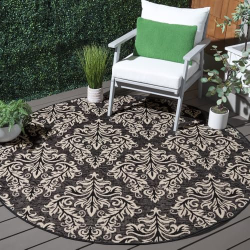 SAFAVIEH Washable Rug Outdoor Courtyard Collection - 6'7 Round, Black & Cream, Non-Shedding & Easy Cleaning, Ideal for Patio, Backyard, Mudroom (CY6930-26)