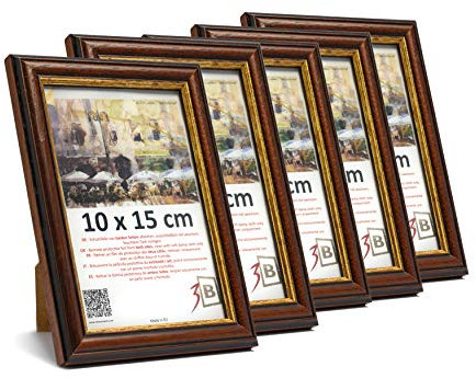 3-B Bilderrahmen ARCO RUSTIKAL - 5-Pack - Dunkel Braun/Gold - 10x15 cm - Holzrahmen, Fotorahmen, Portraitrahmen mit Acrylglas