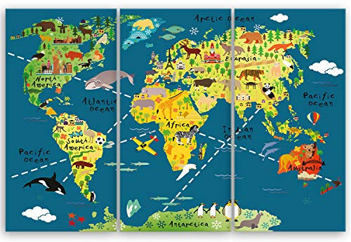 ge Bildet Bild auf Leinwand | Weltkarte für Kinder - Dunkelblau in 120x80 cm mehrteilig als Wandbild XXL | Wand-deko Dekoration Wohnung modern Bilder | 2202