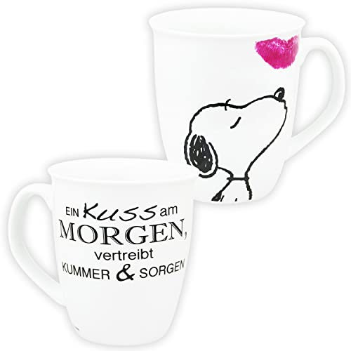 United Labels The Peanuts Tasse 280 ml, Ein Kuss am Morgen, Weiß, Kaffeebecher aus Steingut, Kaffeetasse mit Geschenkbox, Snoopy Geschenke