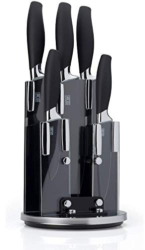5pc Kitchen Knife Block Set - Brooklyn Range by Taylors Eye Witness. Chrome Coloured Bolsters, Finely Ground Razor Sharp Stainless Steel Blades. Soft Grip Handles. Set in Matching Rotating Holder.