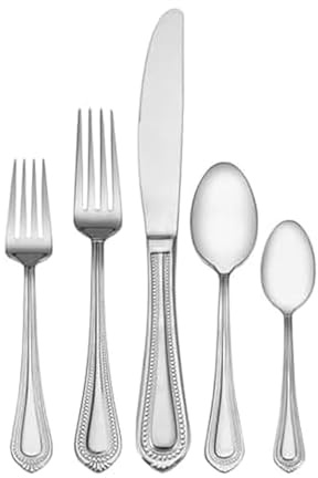 Mikasa Regent Bead 65-Piece Silverware Set, 18/10 Stainless Steel Flatware Service for 12, Includes 5 Serving Tools, Dishwasher Safe Polished Cutlery