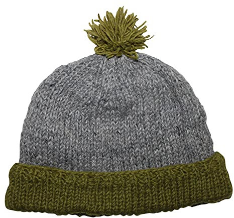 Freak Scene Wollmütze mit Bommel - grau-meliert - grün-Oliv - warme Strickmütze - Bommelmütze