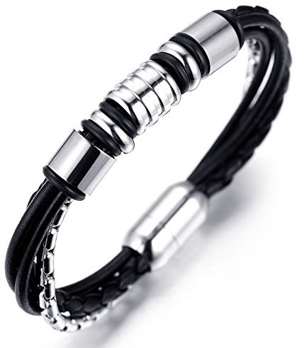 Halukakah ● Solo ● Herren-Armband Handgefertigt | Echtleder Schwarz | Rohr Magnetverschluss Edelstahl in Silber | Titan Perlen Kette in Silber | KOSTENLOS Geschenkbox | Tolle Geschenkidee | 21.5cm