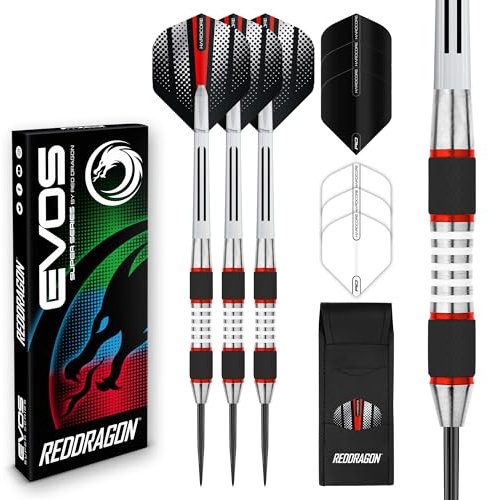RED DRAGON Darts – Axis Rot Series 28g – 85% Wolfram - Profi Satz Dartpfeile Metallspitze mit Dart Flüge und Schäften