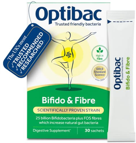 Optibac Bifido & Fibre, Vegan Digestive Supplement + FOS Fibre - 30 Sachets | The world's most researched Bifidobacterium strain | 25 billion high quality live cultures | To help maintain regularity