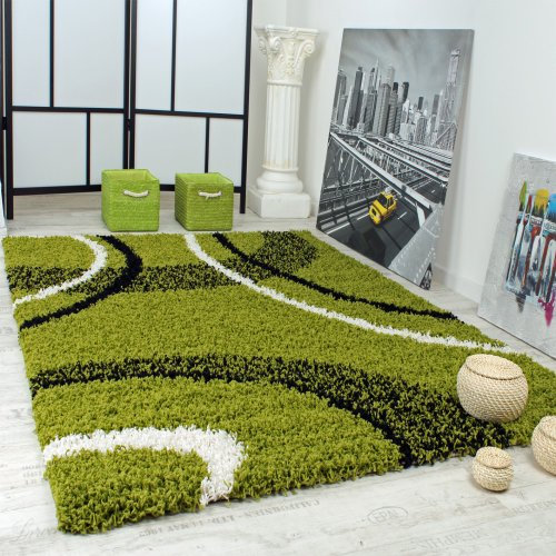 Paco Home Shaggy Teppich Hochflor Langflor Gemustert in Grün Schwarz Weiss, Grösse:120x170 cm