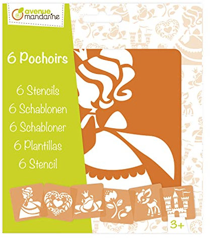 Avenue Mandarine 42836O Set (mit 6 Schablonen, 15 x 15 cm, geeignet für Kinder ab 3 Jahre, für Filz- und Farbstifte, Farben oder Farbbomben, Prinzessin) 6er Pack