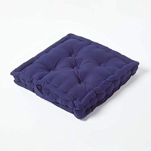 HOMESCAPES Luxury Floor Cushion Plain 100% Cotton Navy Blue 40 x 40 x 8cm, Booster Cushion Seat Chair Pad Dining Thick & Plush Garden Floor Pillow for Kids Elderly Pets Indoor Outdoor Use