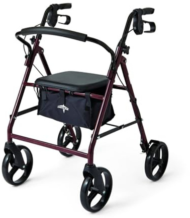 Medline Steel Rollator Walker for Adult Mobility Impairment, Burgundy, 350 lb. Weight Capacity, 8” Wheels, Foldable, Adjustable Handles, Rolling Walker for Seniors