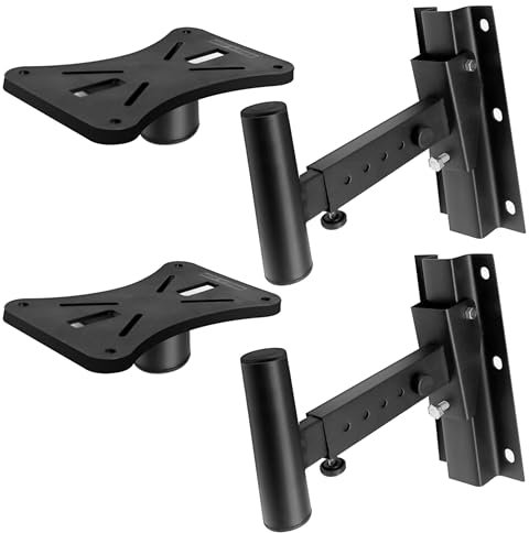 Wall Mount Speaker Bracket Stands - Dual Universal Adjustable w/ 12.5'' Distance from Wall, 90°-30° Angle, Tilt, Rotation Adjustment & Solid-Steel Pin Serves as Safety-Stop (Pair) - Pyle PSTNDW15