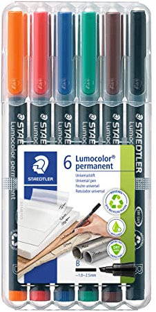 STAEDTLER permanent Marker Lumocolor, Keilspitze ca. 1,0 - 2,5 mm, wisch- und wasserfest, Made in Germany, nachfüllbar, lange Lebensdauer, 6 Universalstifte in sortierten Farben, 314 WP6