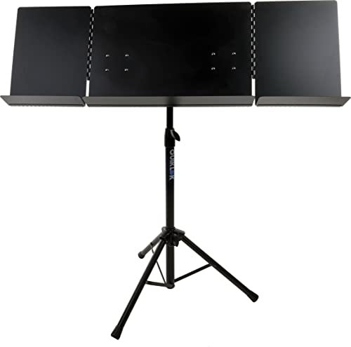 QUIK LOK - MS/320 Orchesterpult, Notenständer aus Stahl mit klappbarer Ablage, Breite für 3 Seiten, Kratz- und Reflexionsschutzlackierung, Schwarz emailliert